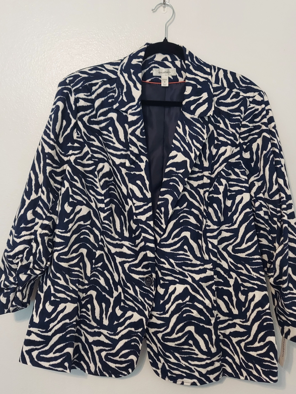 NWT Dressbarn Navy Blue And White Print Cinched Sleeve Blazer Size 3X